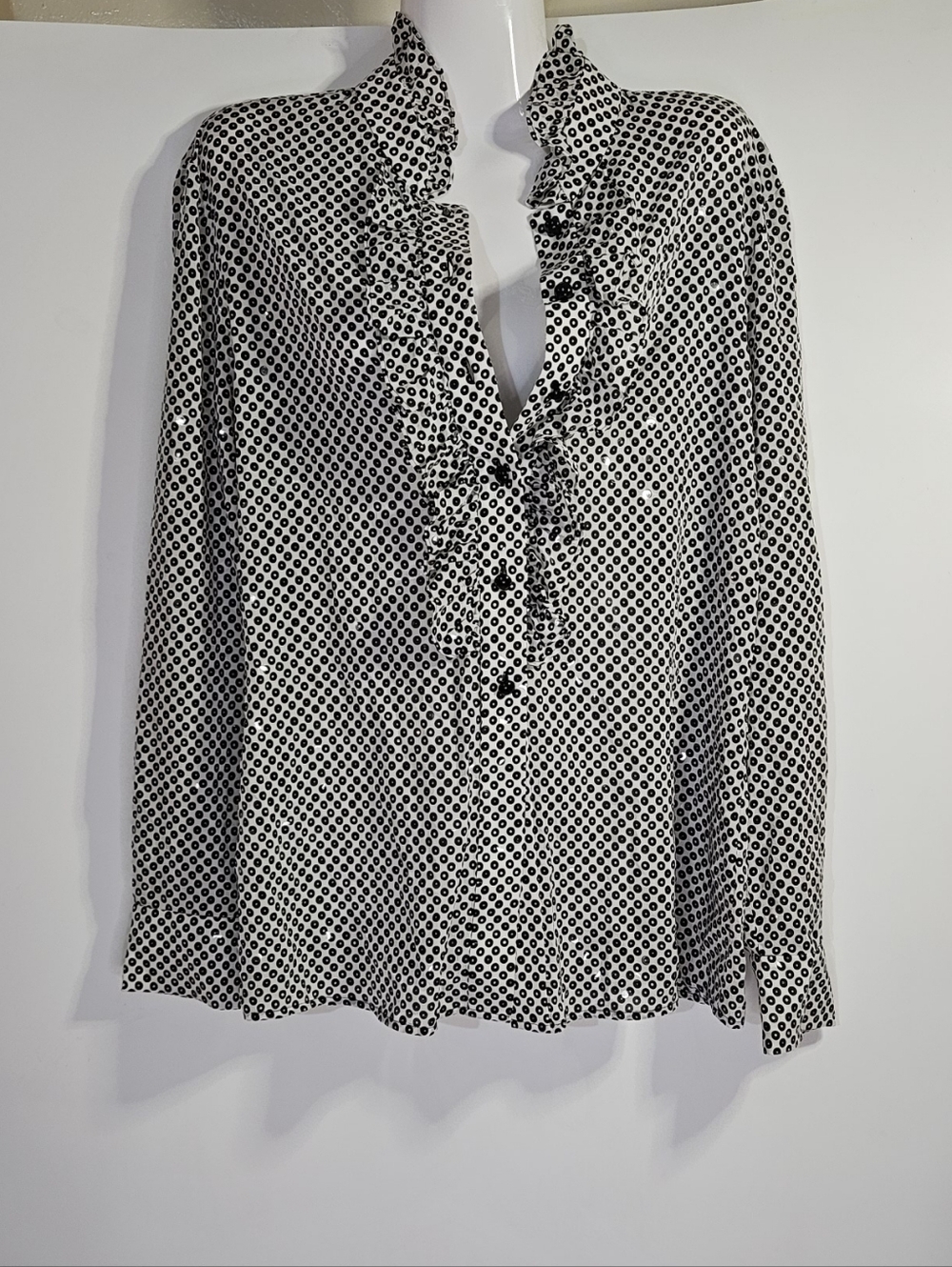 St John's Women's Black & White Silk Sequins Polka Dot Ruffle Blouse Size 8